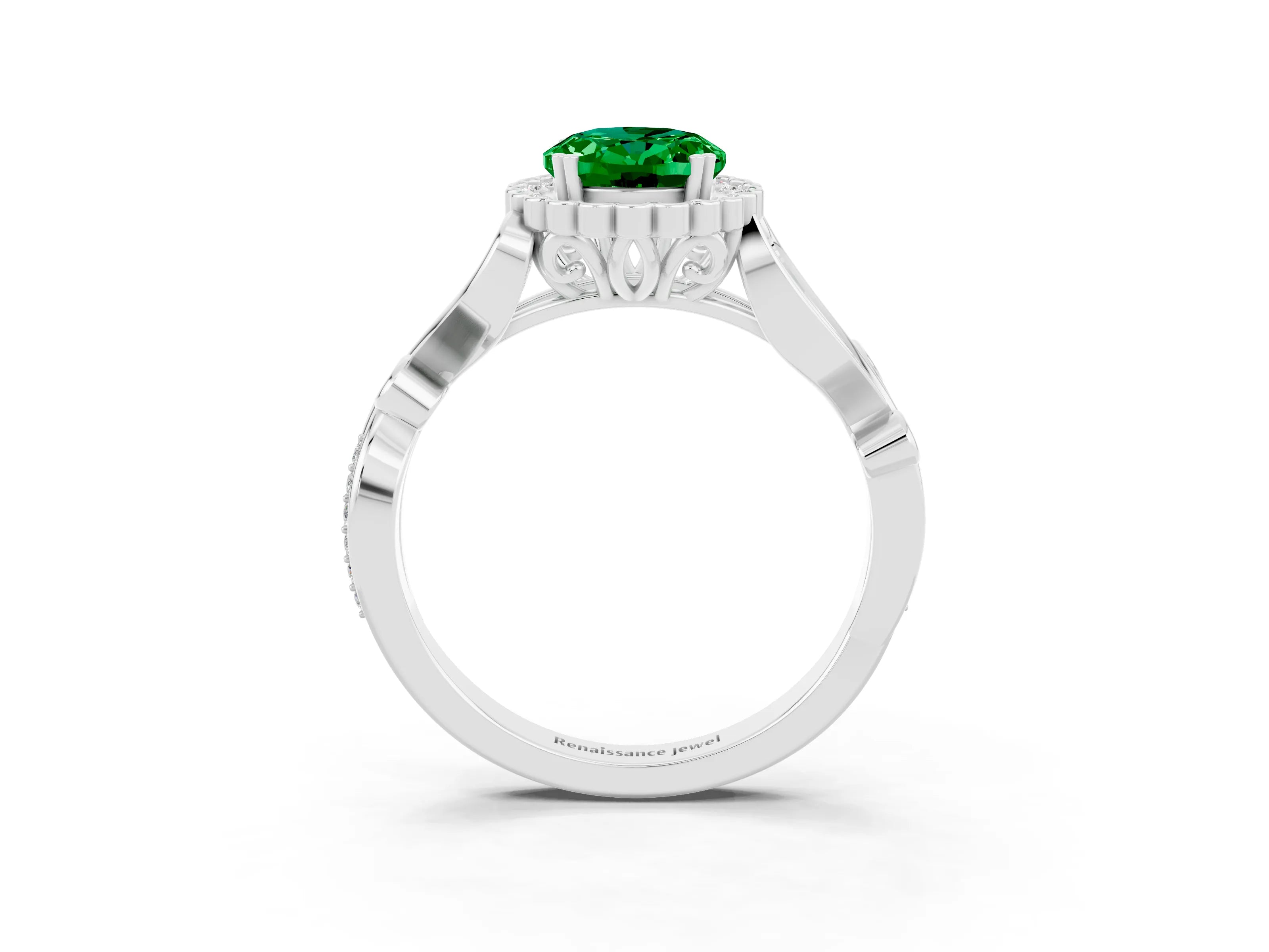 White gold Oval Cut Emerald Halo Ring with Vintage Split Shank and Four-Prong Setting_27
