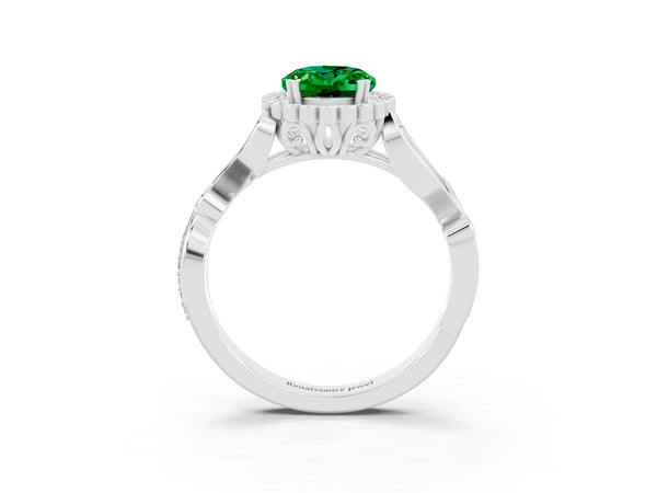 White gold Oval Cut Emerald Halo Ring with Vintage Split Shank and Four-Prong Setting