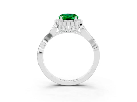 White gold Oval Cut Emerald Halo Ring with Vintage Split Shank and Four-Prong Setting_27