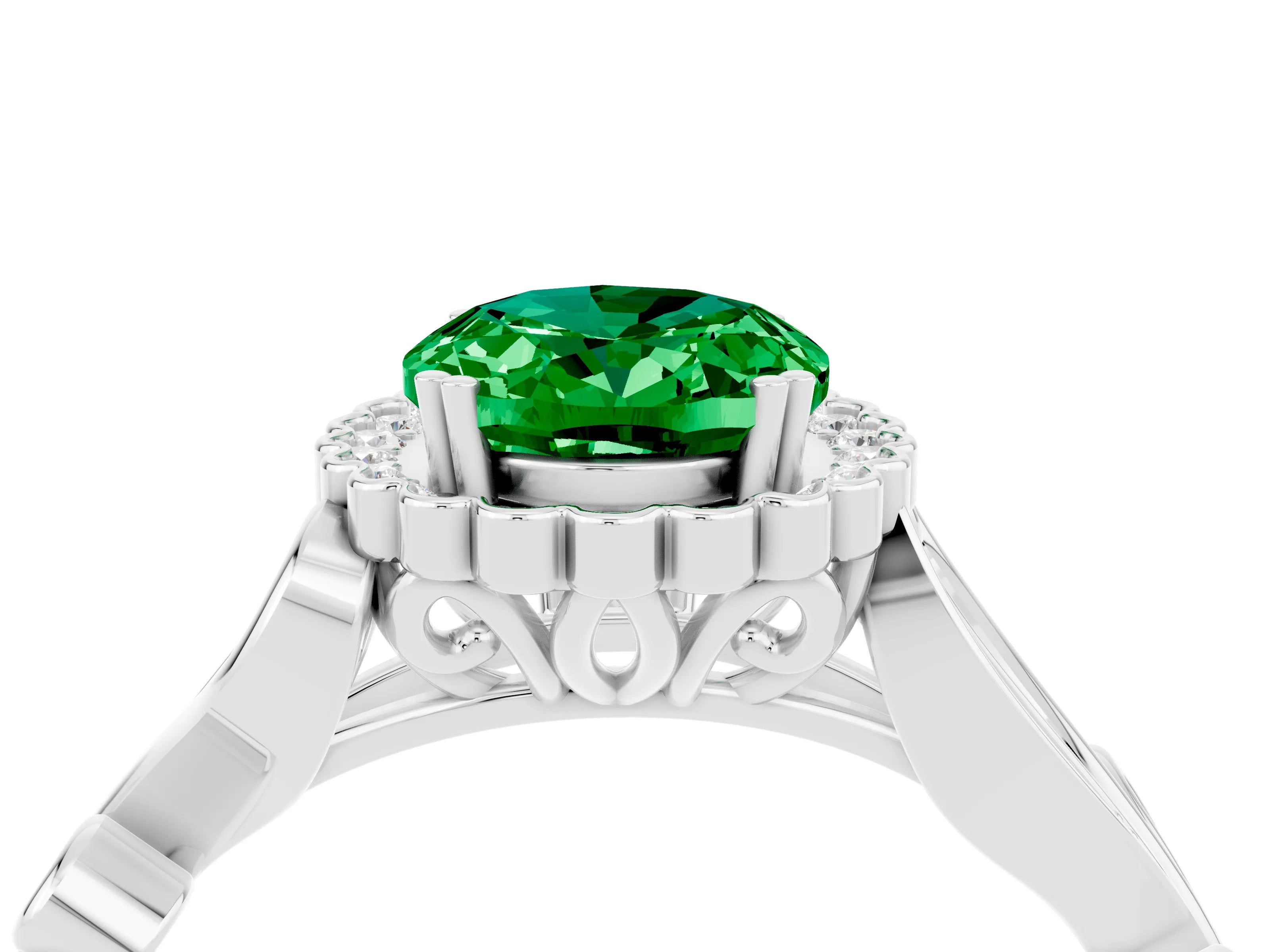 White gold Oval Cut Emerald Halo Ring with Vintage Split Shank and Four-Prong Setting_28