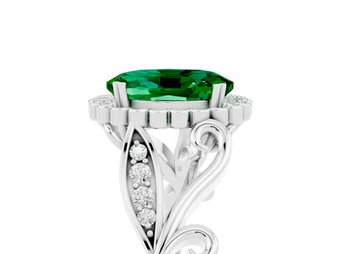 White gold Oval Cut Emerald Halo Ring with Vintage Split Shank and Four-Prong Setting_29