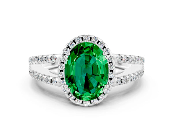 White gold Oval Cut Emerald Halo Split Shank Engagement Ring