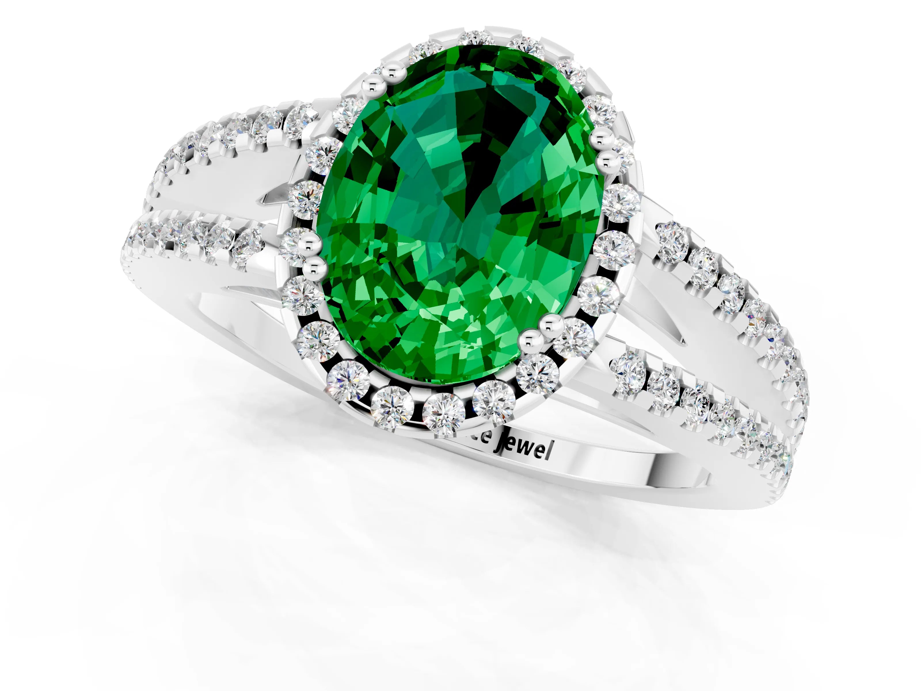 White gold Oval Cut Emerald Halo Split Shank Engagement Ring_13