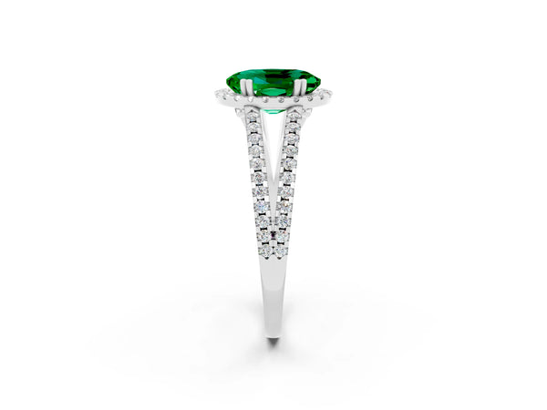 Platinum Oval Cut Emerald Halo Split Shank Engagement Ring