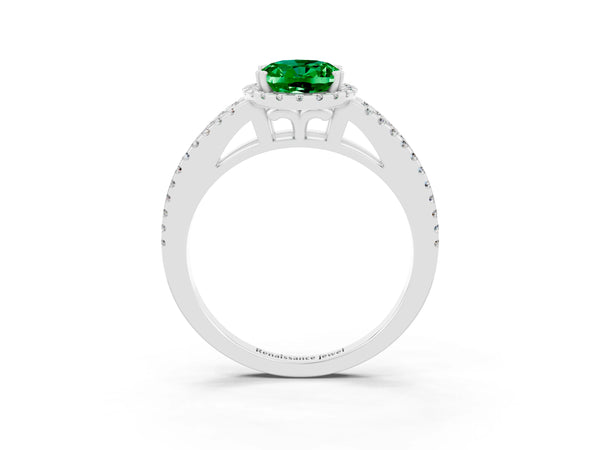 Platinum Oval Cut Emerald Halo Split Shank Engagement Ring