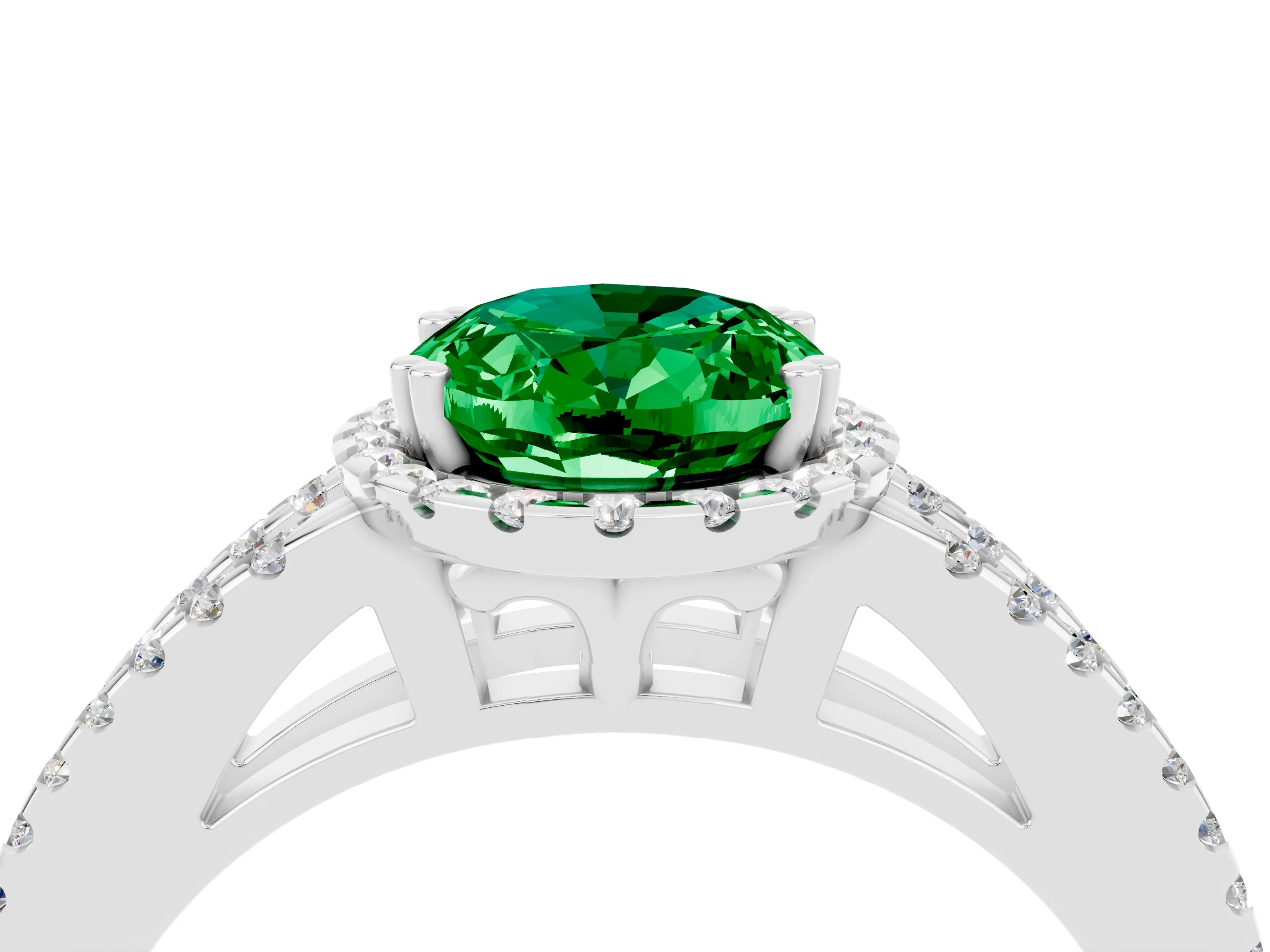 White gold Oval Cut Emerald Halo Split Shank Engagement Ring_16