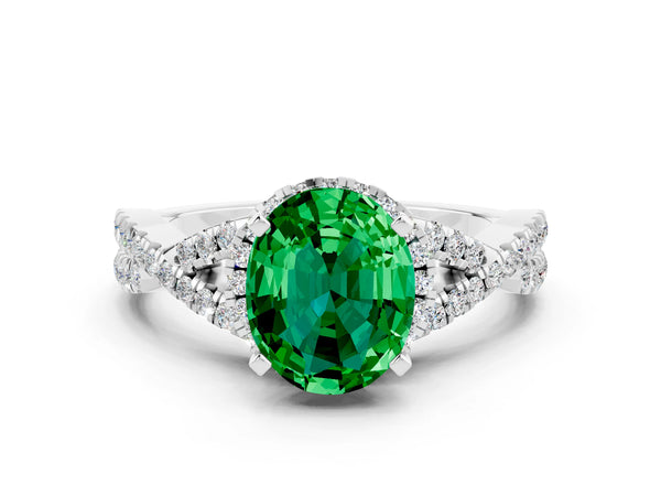 Platinum Oval Cut Emerald  Halo Twist Band Solitaire Prong Setting Ring