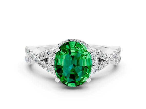 White gold Oval Cut Emerald  Halo Twist Band Solitaire Prong Setting Ring
