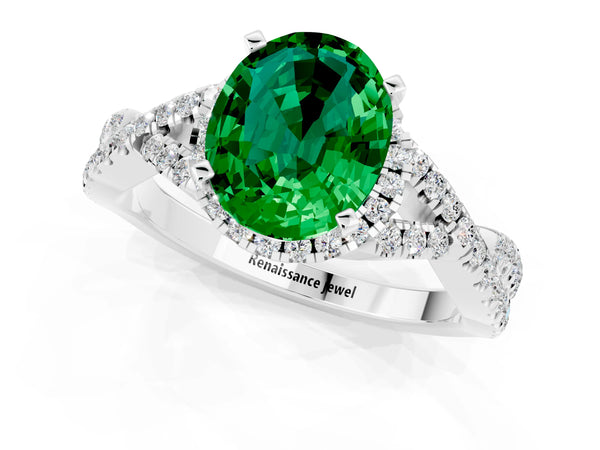 White gold Oval Cut Emerald  Halo Twist Band Solitaire Prong Setting Ring
