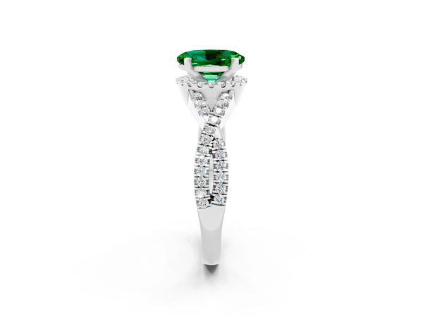 White gold Oval Cut Emerald  Halo Twist Band Solitaire Prong Setting Ring