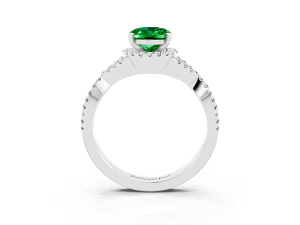 White gold Oval Cut Emerald  Halo Twist Band Solitaire Prong Setting Ring