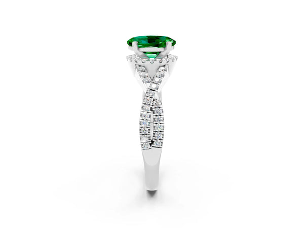 Silver Oval Cut Emerald  Halo Twist Band Solitaire Prong Setting Ring