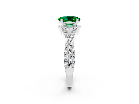 White gold Oval Cut Emerald Halo Twist Band Solitaire Prong Setting Ring_2