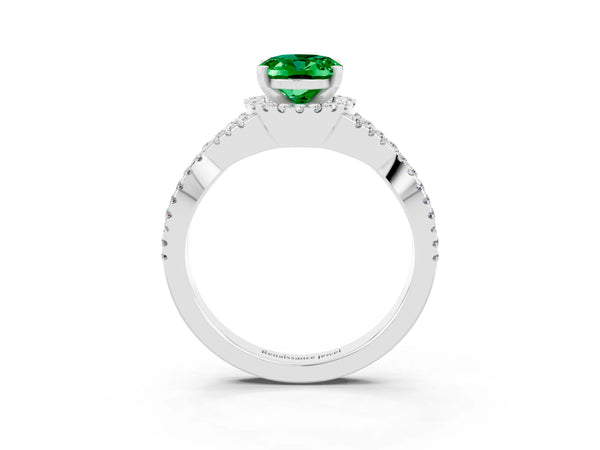 White gold Oval Cut Emerald  Halo Twist Band Solitaire Prong Setting Ring