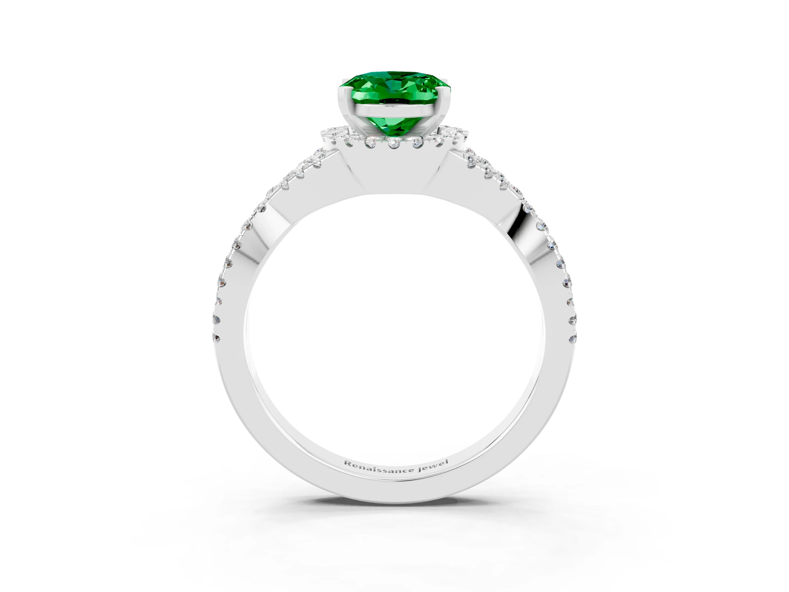 White gold Oval Cut Emerald Halo Twist Band Solitaire Prong Setting Ring_3