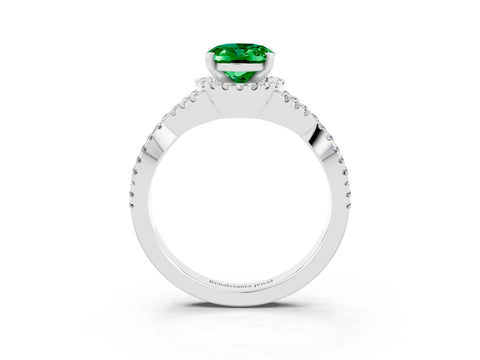 White gold Oval Cut Emerald Halo Twist Band Solitaire Prong Setting Ring_3