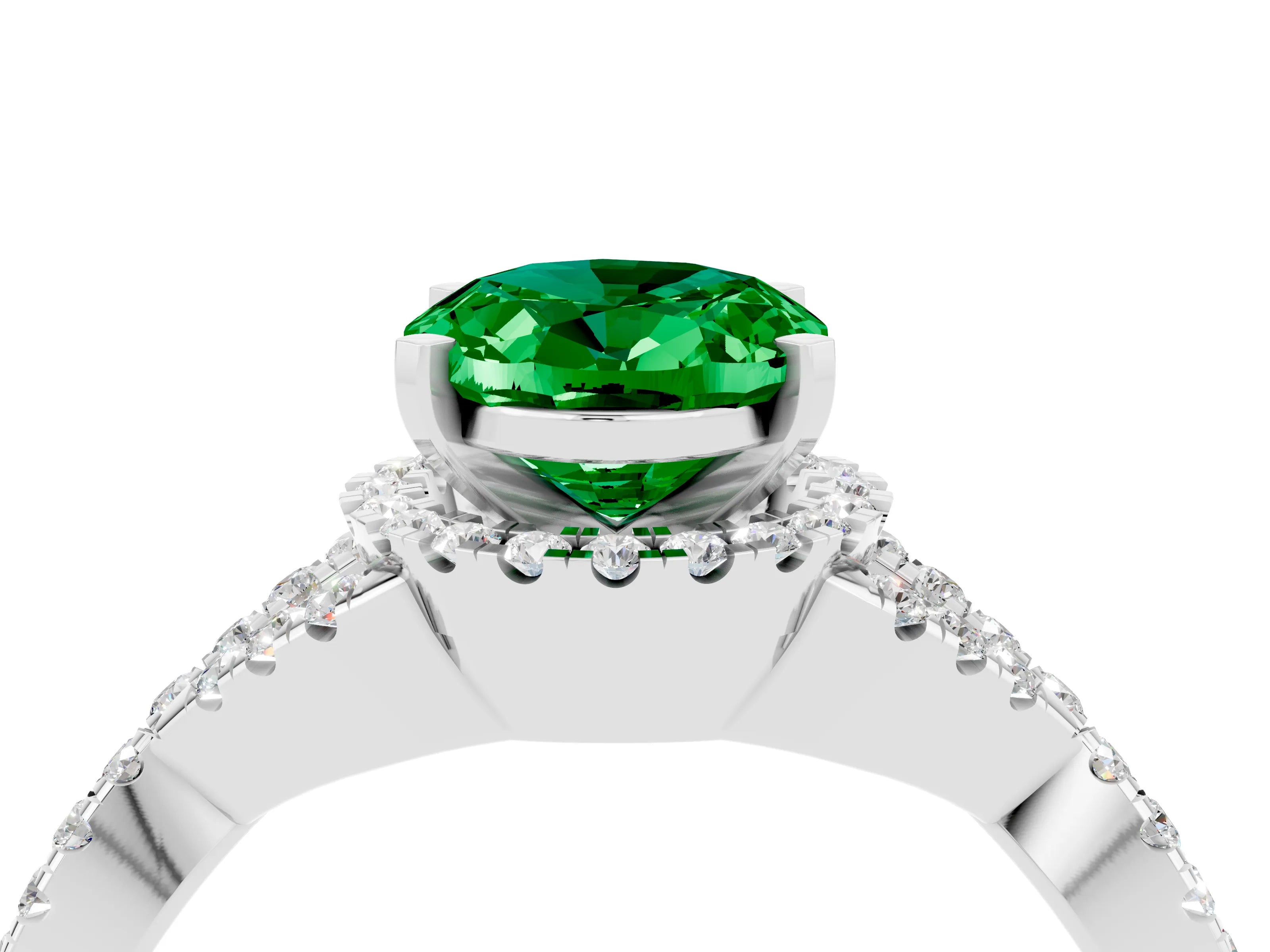 White gold Oval Cut Emerald Halo Twist Band Solitaire Prong Setting Ring_4