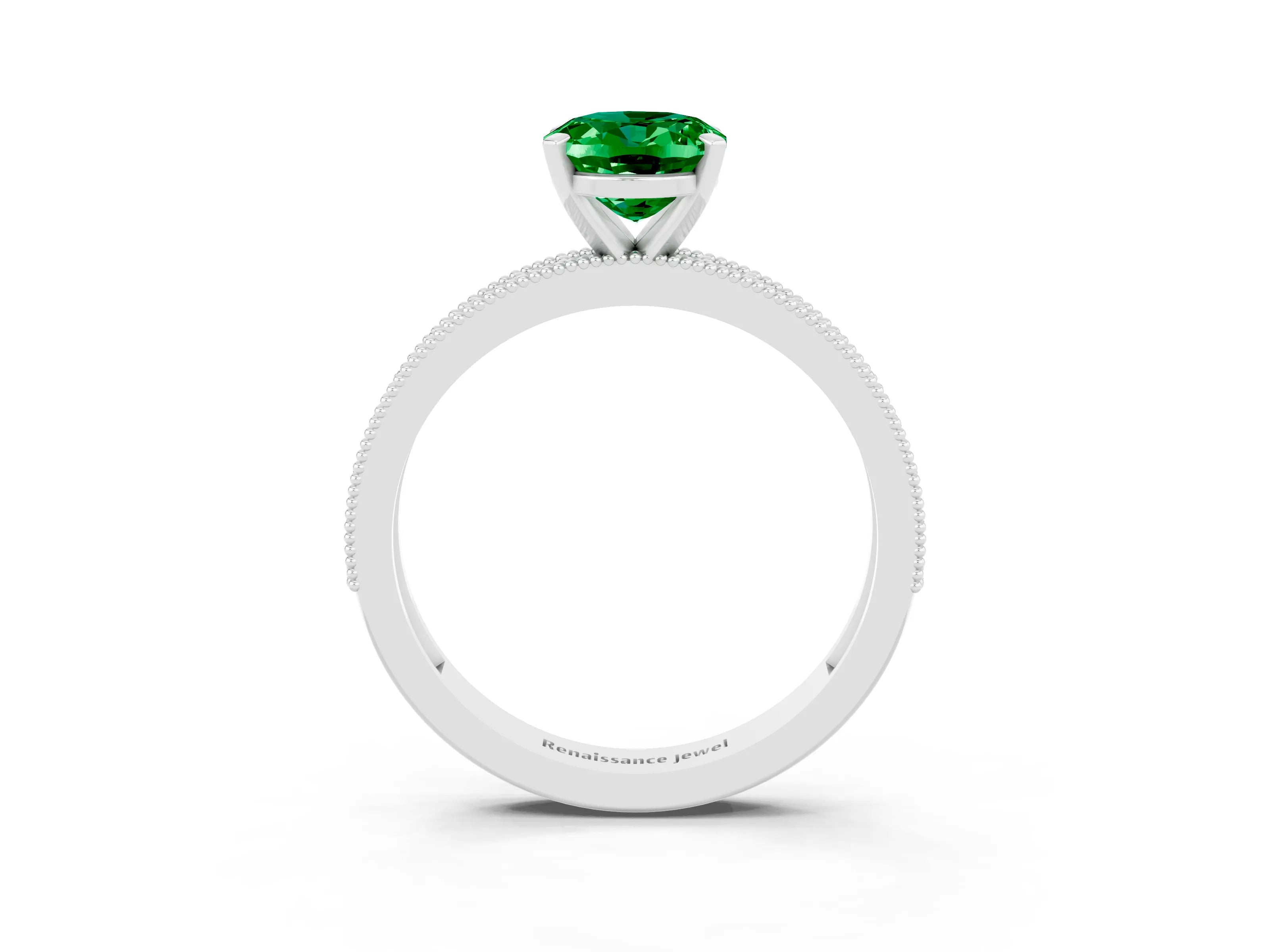 White gold Oval Cut Emerald Milgrain Pavé Engagement Ring with Four-Prong Setting_15