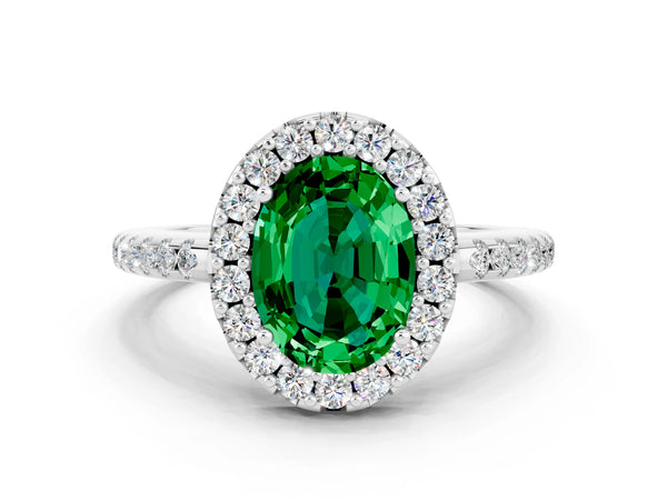 Platinum Oval Cut Emerald Pavé Halo Ring with Four-Prong Setting