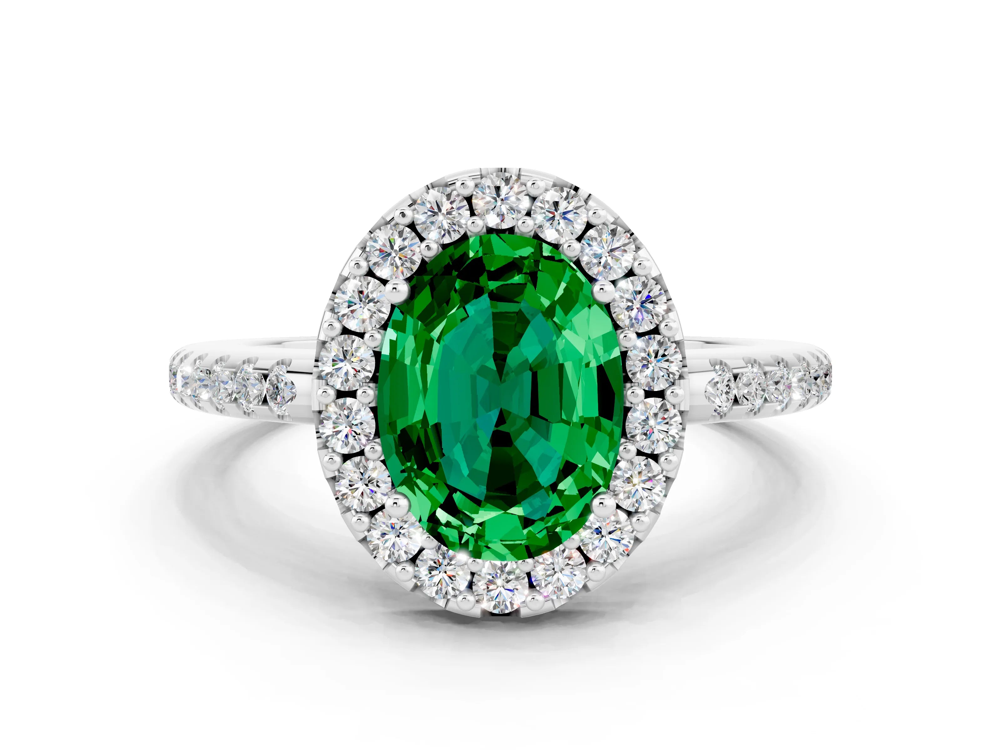 White gold Oval Cut Emerald Pavé Halo Ring with Four-Prong Setting_12