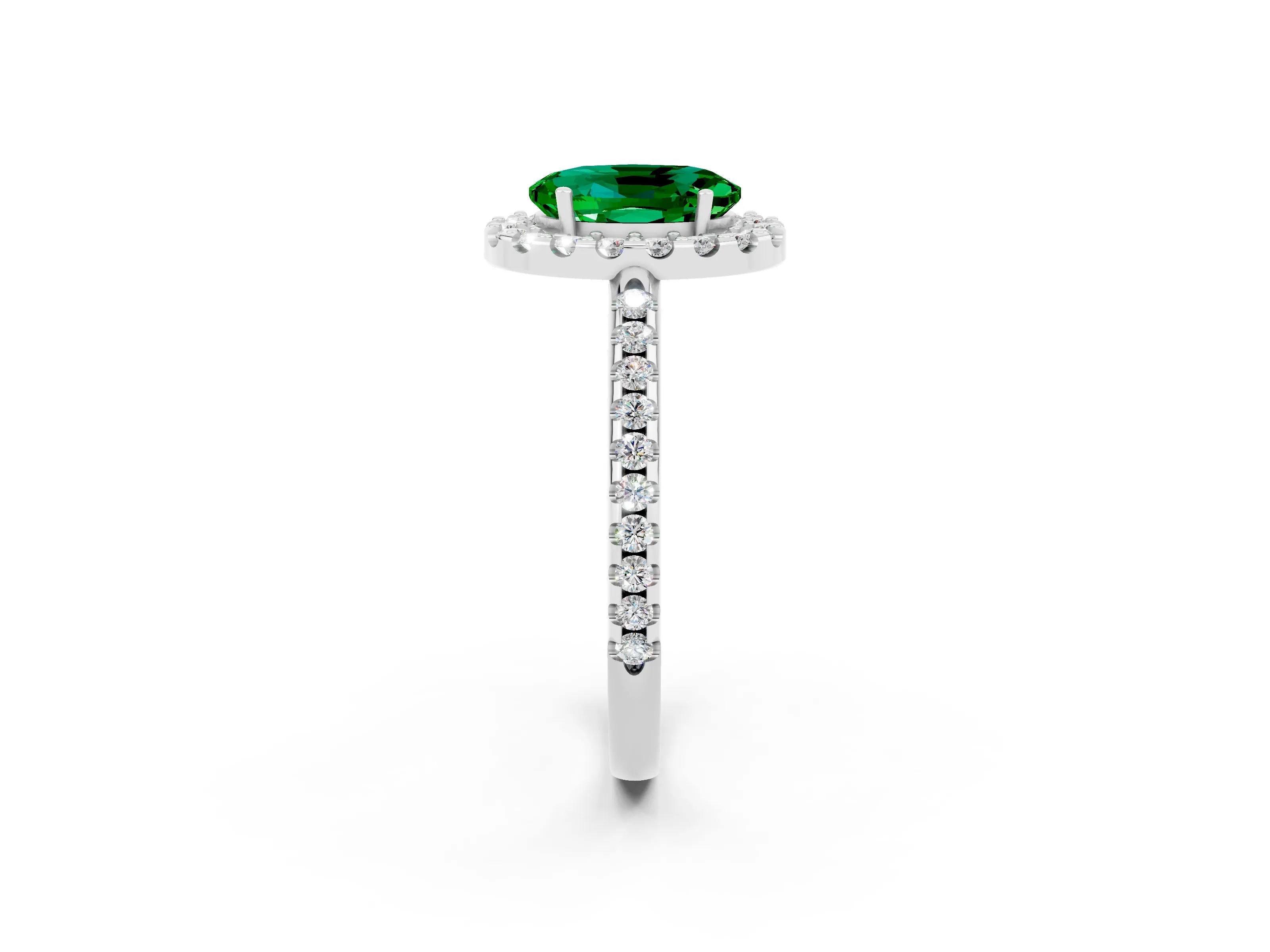 White gold Oval Cut Emerald Pavé Halo Ring with Four-Prong Setting_14