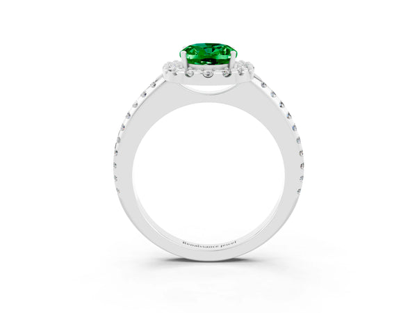 Silver Oval Cut Emerald Pavé Halo Ring with Four-Prong Setting