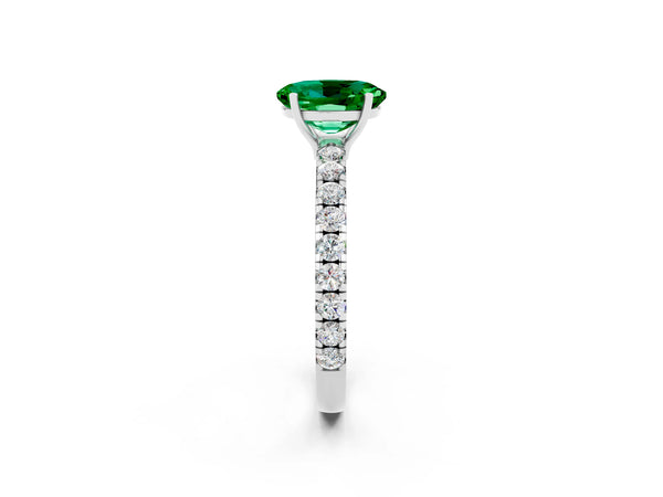 Platinum Oval Cut Emerald Pavé Solitaire Engagement Ring with Four-Prong Setting