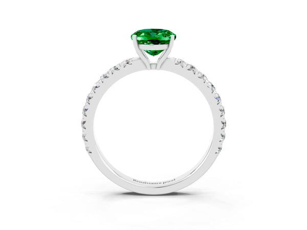 Platinum Oval Cut Emerald Pavé Solitaire Engagement Ring with Four-Prong Setting