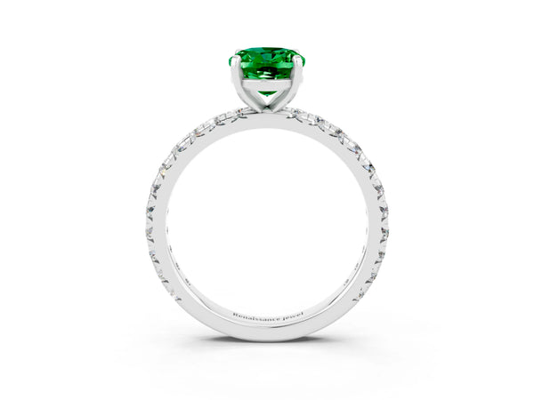 Platinum Oval Cut Emerald Pavé Solitaire Ring with Round Band and Prong Setting