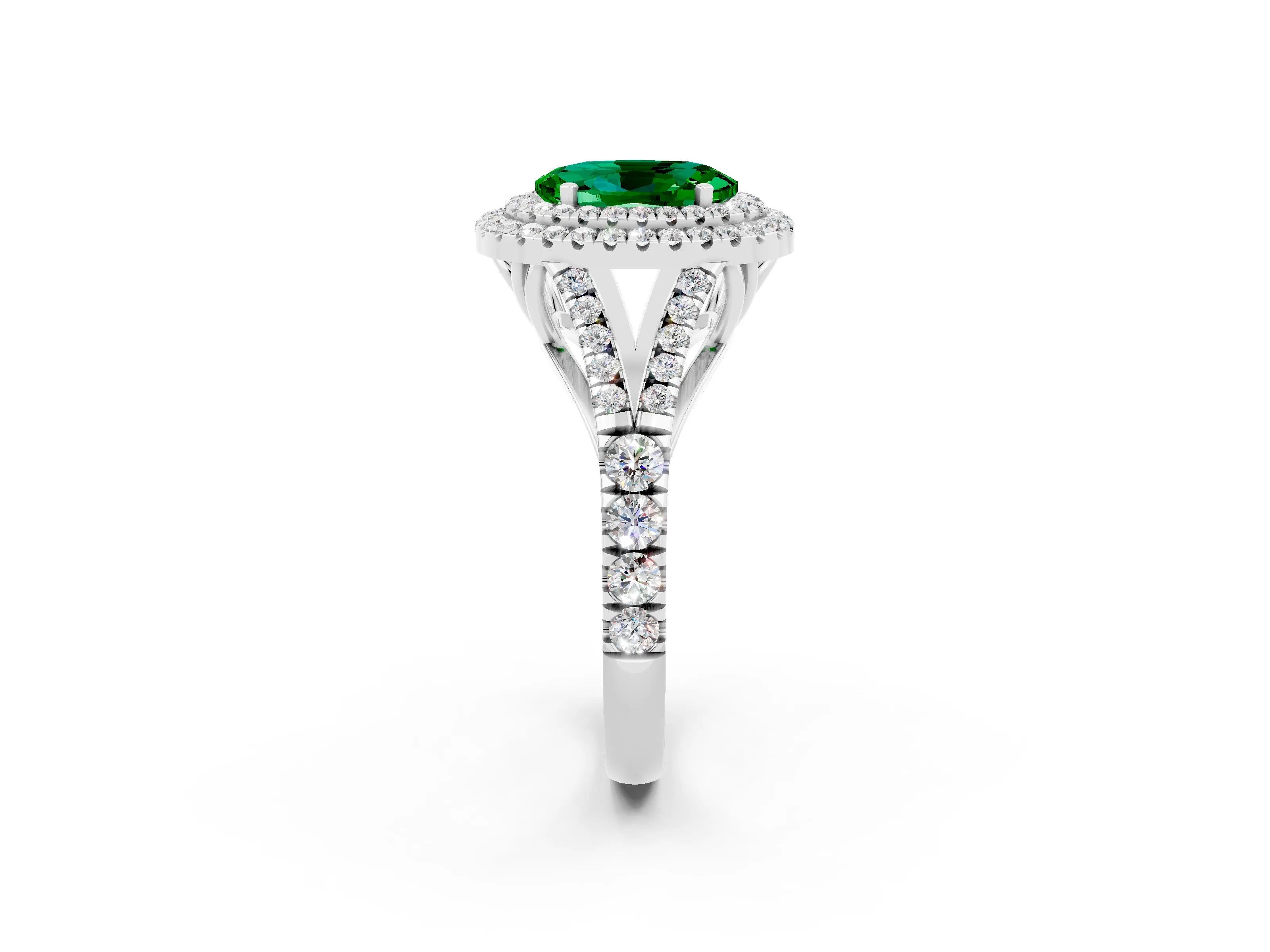 White gold Oval Cut Emerald Pavé Split Shank Double Halo Engagement Ring_2