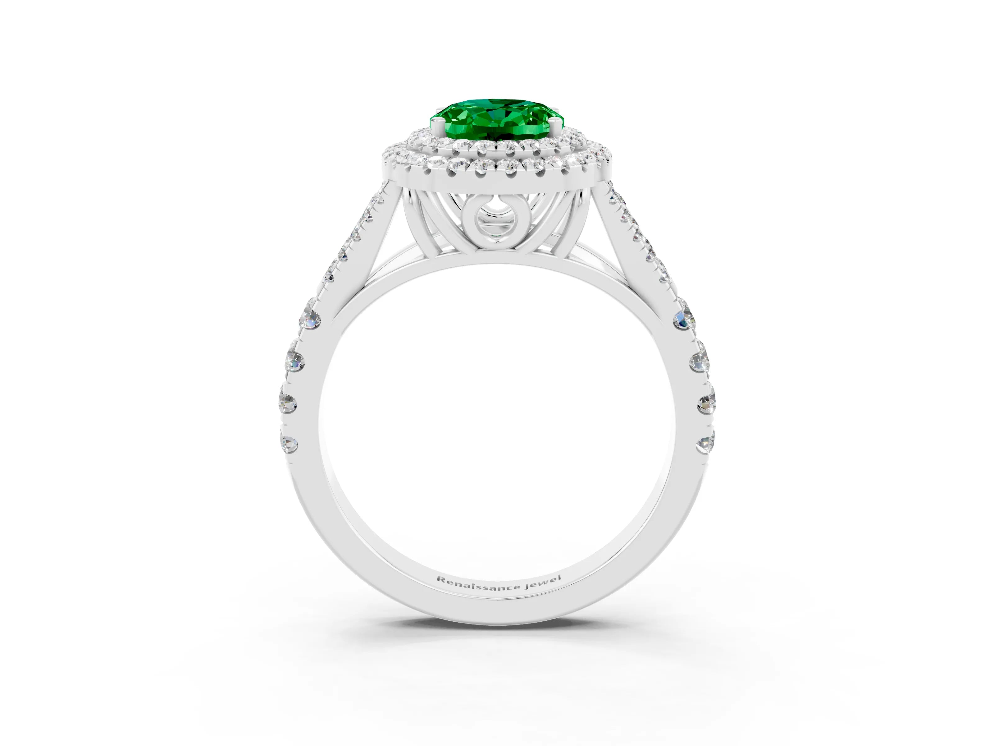 White gold Oval Cut Emerald Pavé Split Shank Double Halo Engagement Ring_3