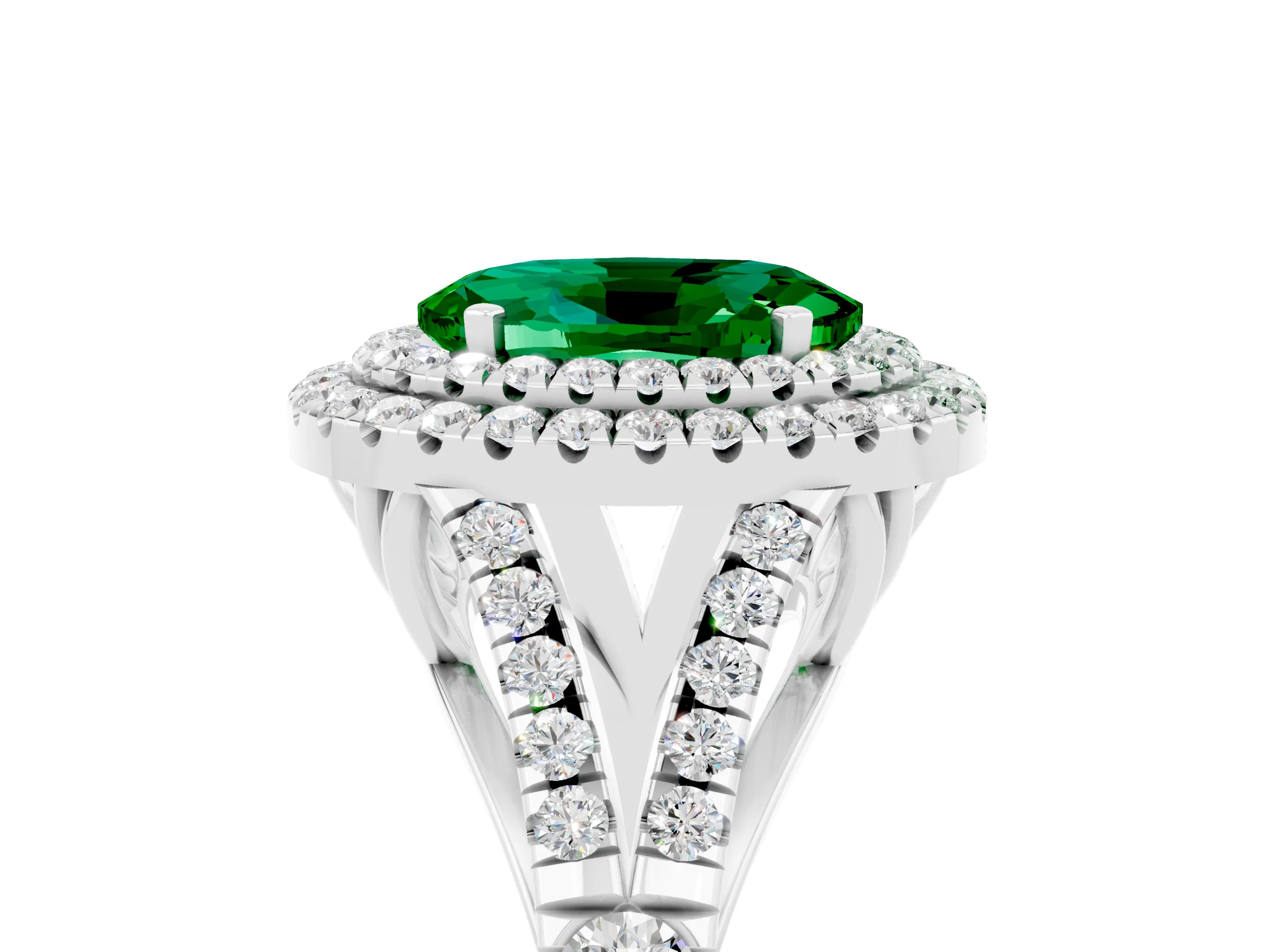 White gold Oval Cut Emerald Pavé Split Shank Double Halo Engagement Ring_5