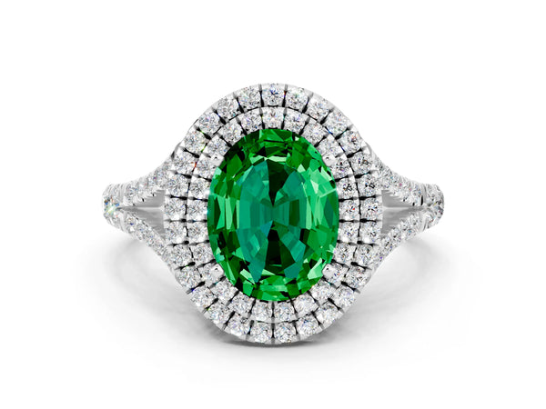 Silver Oval Cut Emerald Pavé Split Shank Double Halo Engagement Ring