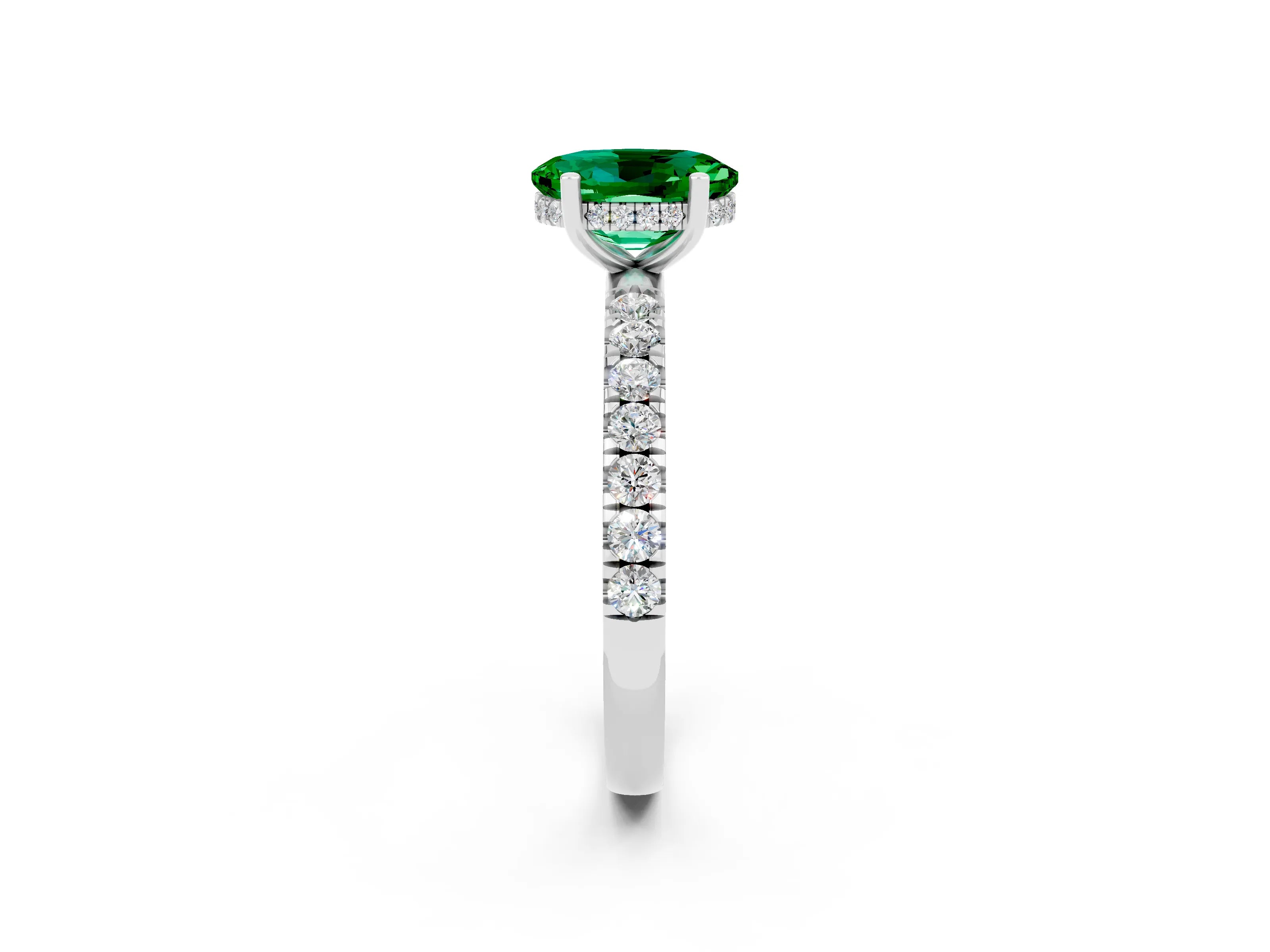 White gold Oval Cut Emerald Pave Band Solitaire Ring with Four-Prong Setting_26