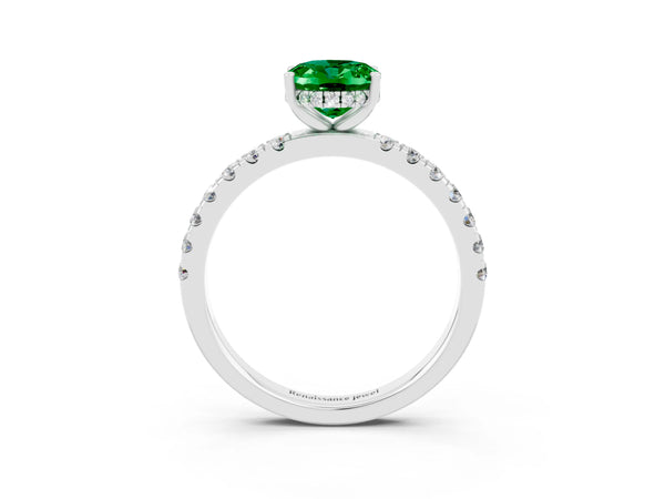 Platinum Oval Cut Emerald Pave Band Solitaire Ring with Round  and Prong Setting
