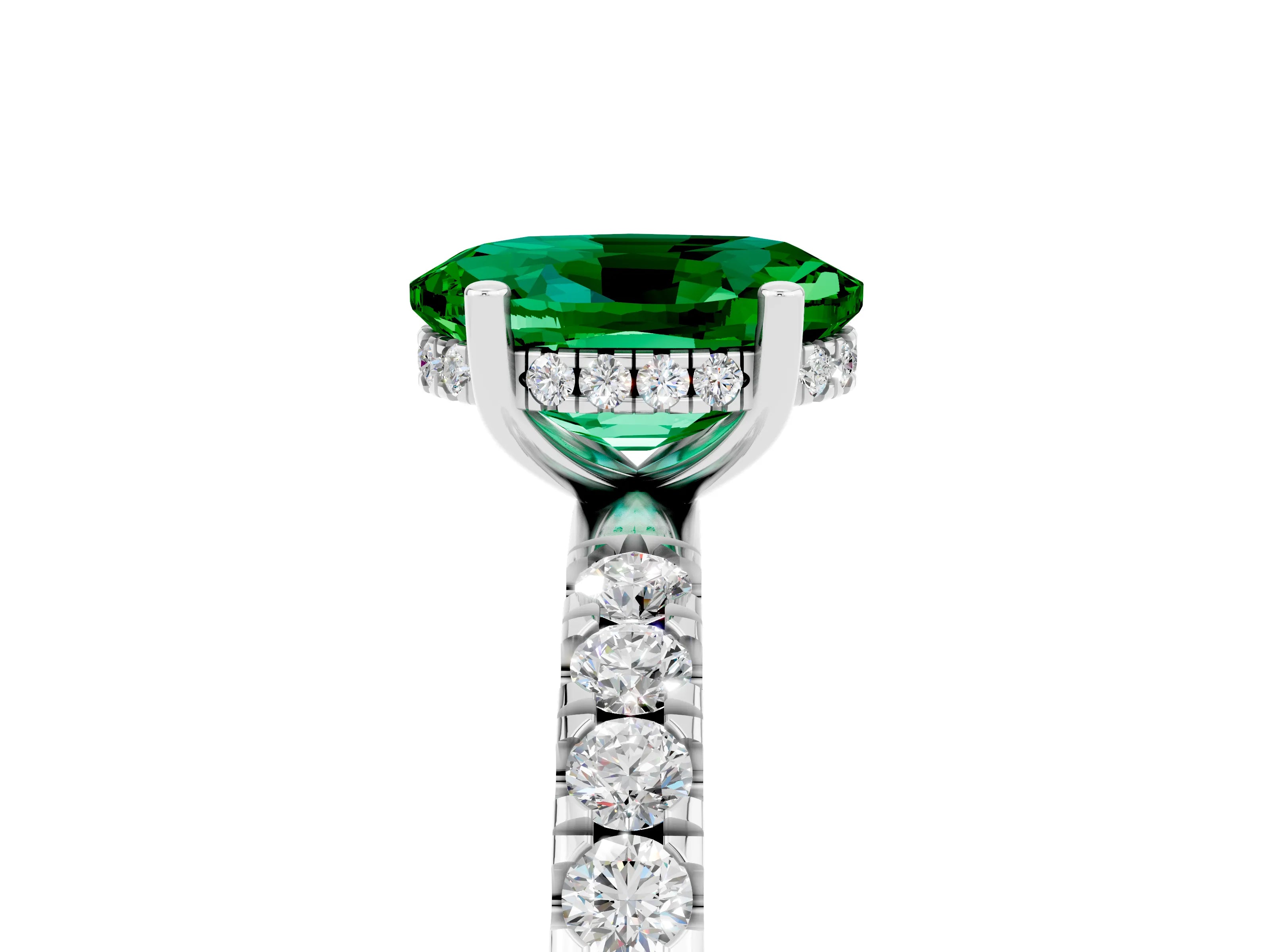 White gold Oval Cut Emerald Pave Band Solitaire Ring with Four-Prong Setting_29