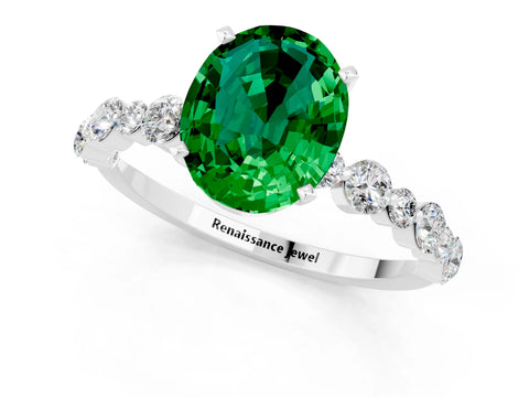 White gold Oval Cut Emerald Prong Set Engagement Ring with Pavé Band_1