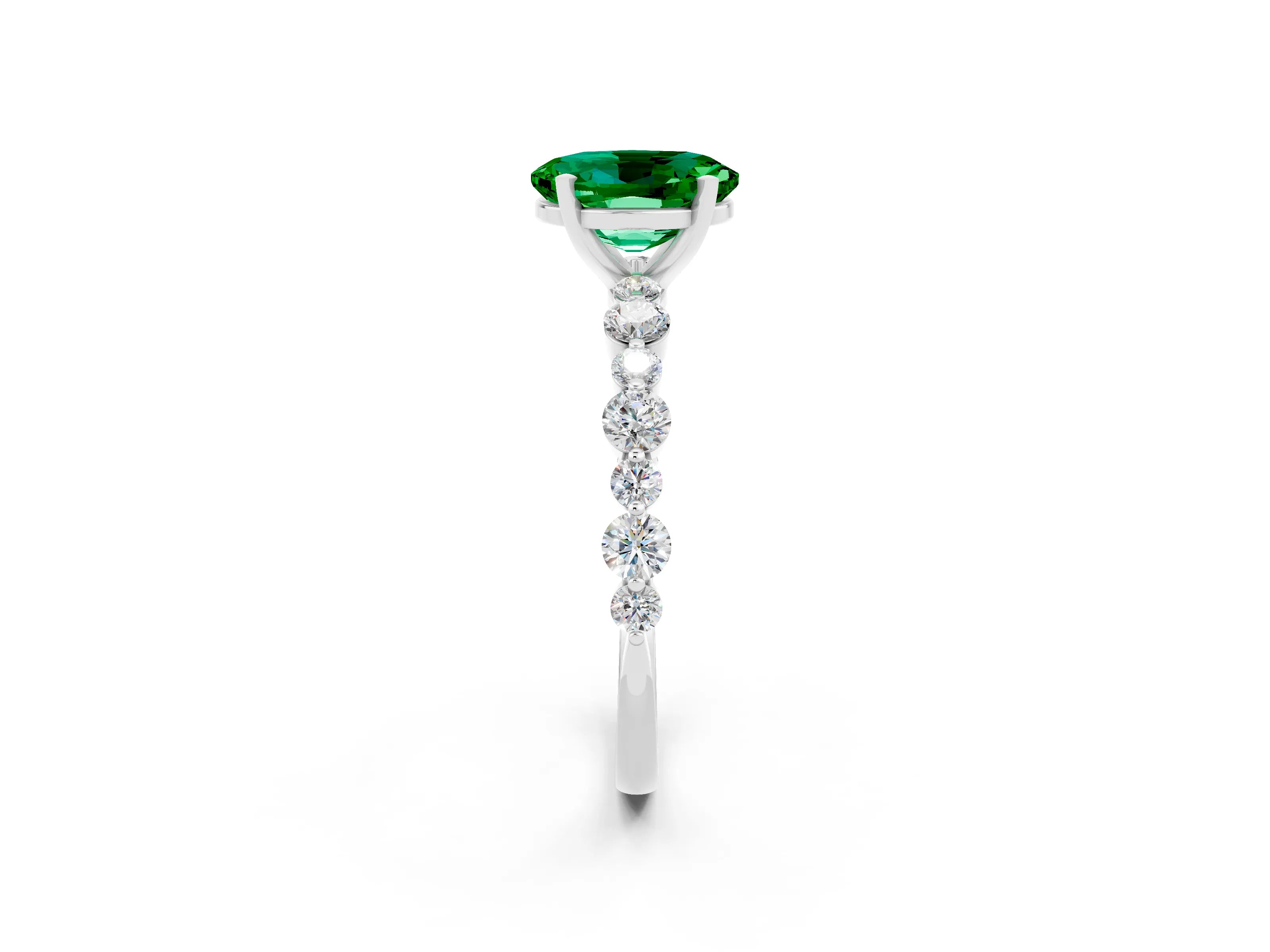 White gold Oval Cut Emerald Prong Set Engagement Ring with Pavé Band_2