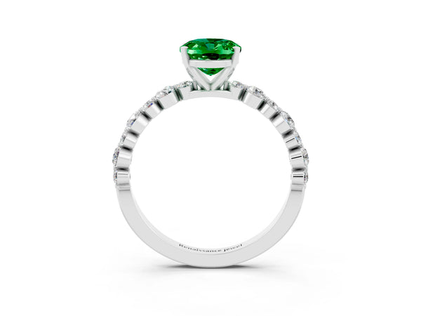 Platinum Oval Cut Emerald Prong Set Engagement Ring with Pavé Band