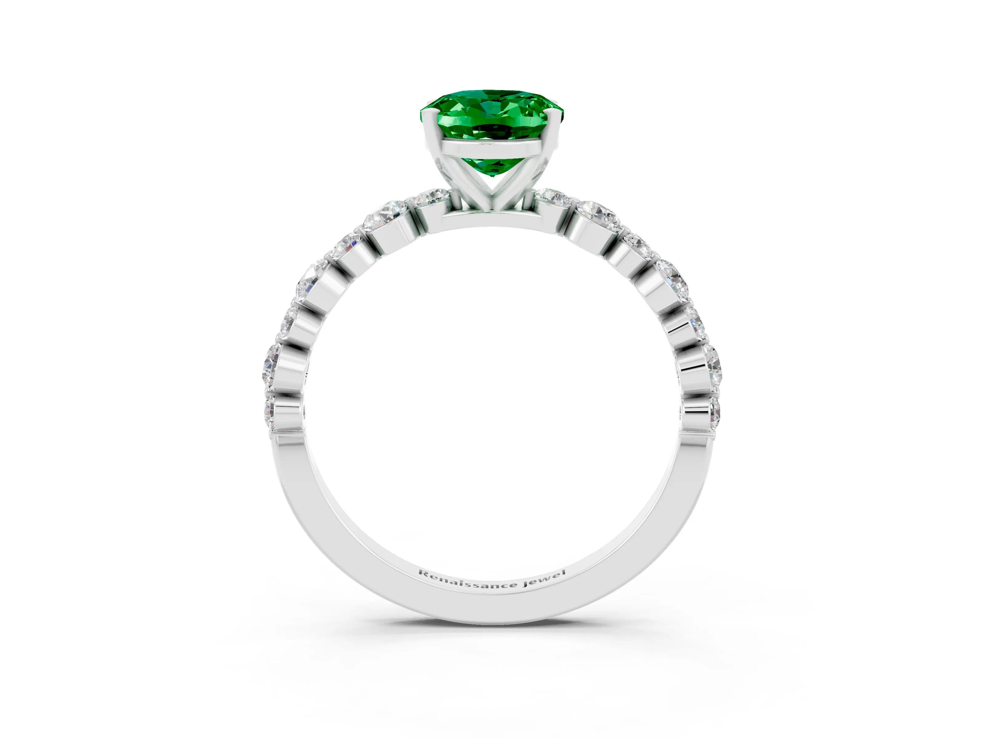 White gold Oval Cut Emerald Prong Set Engagement Ring with Pavé Band_3