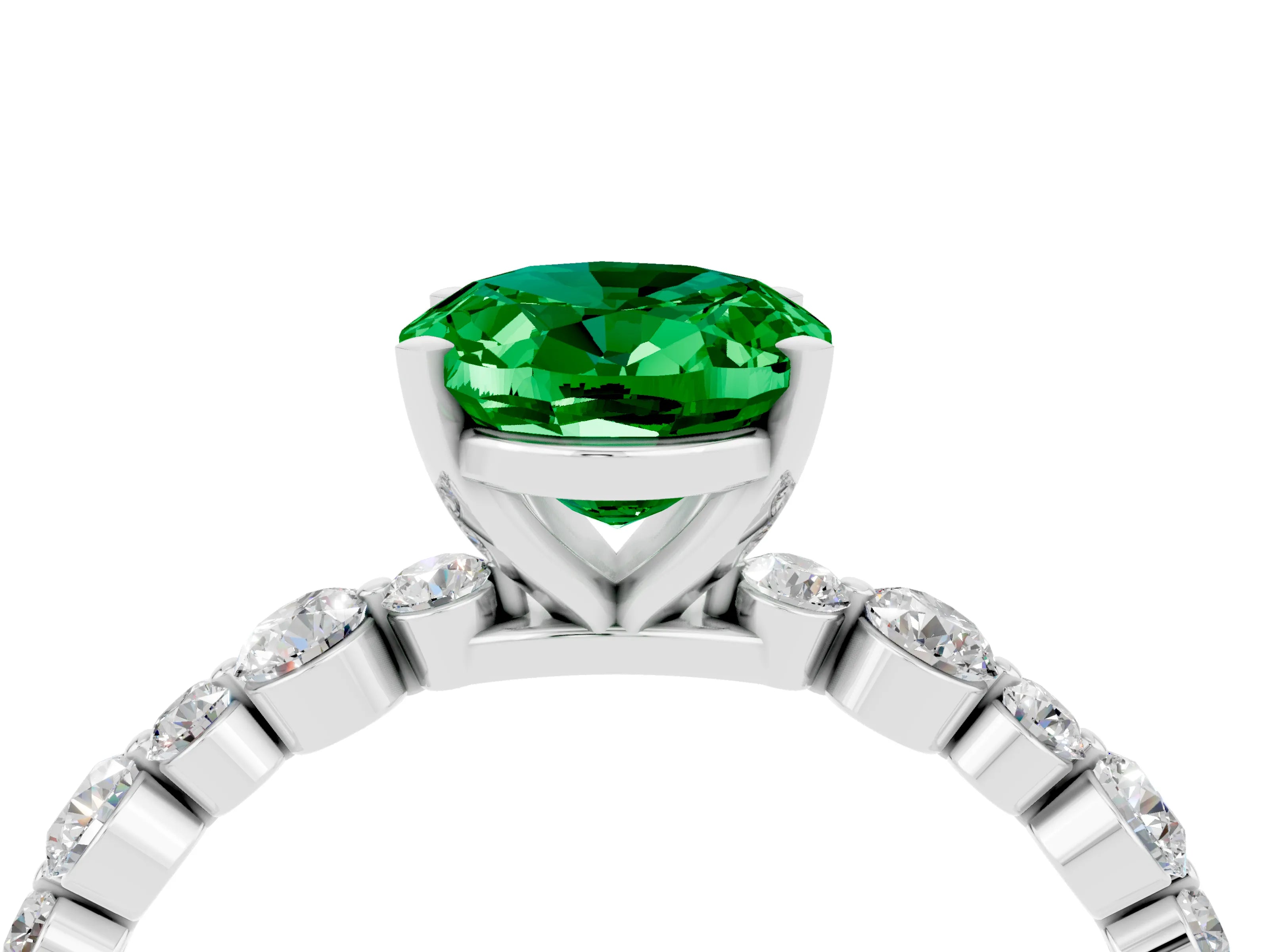 White gold Oval Cut Emerald Prong Set Engagement Ring with Pavé Band_4