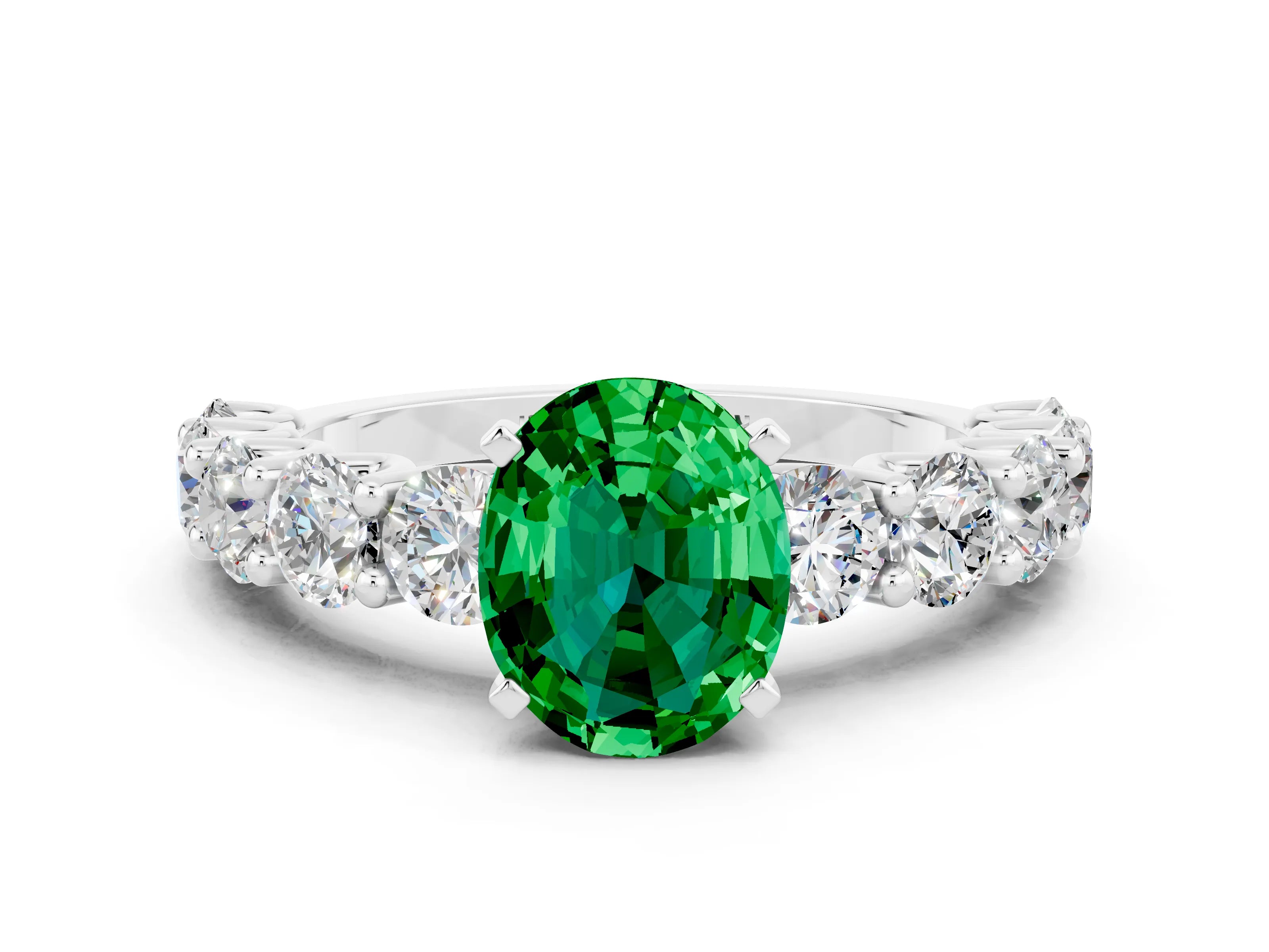 White gold Oval Cut Emerald Prong Setting with Side Stones on a Pave Band