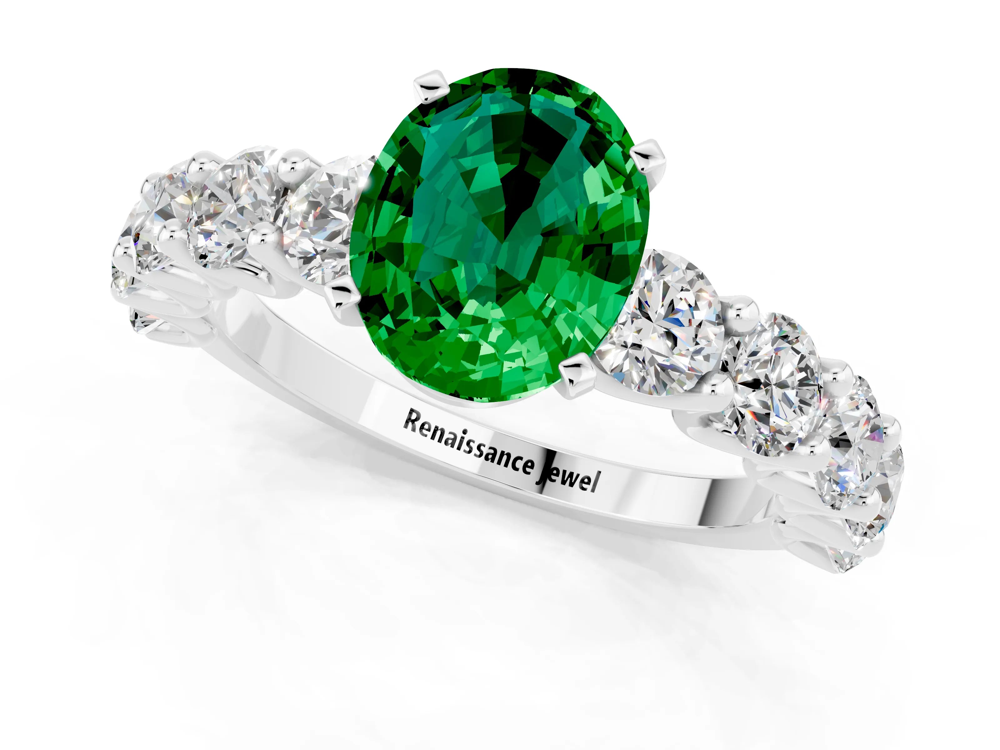 White gold Oval Cut Emerald Prong Setting with Side Stones on a Pave Band_1