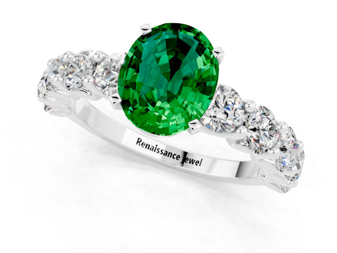 White gold Oval Cut Emerald Prong Setting with Side Stones on a Pave Band_1