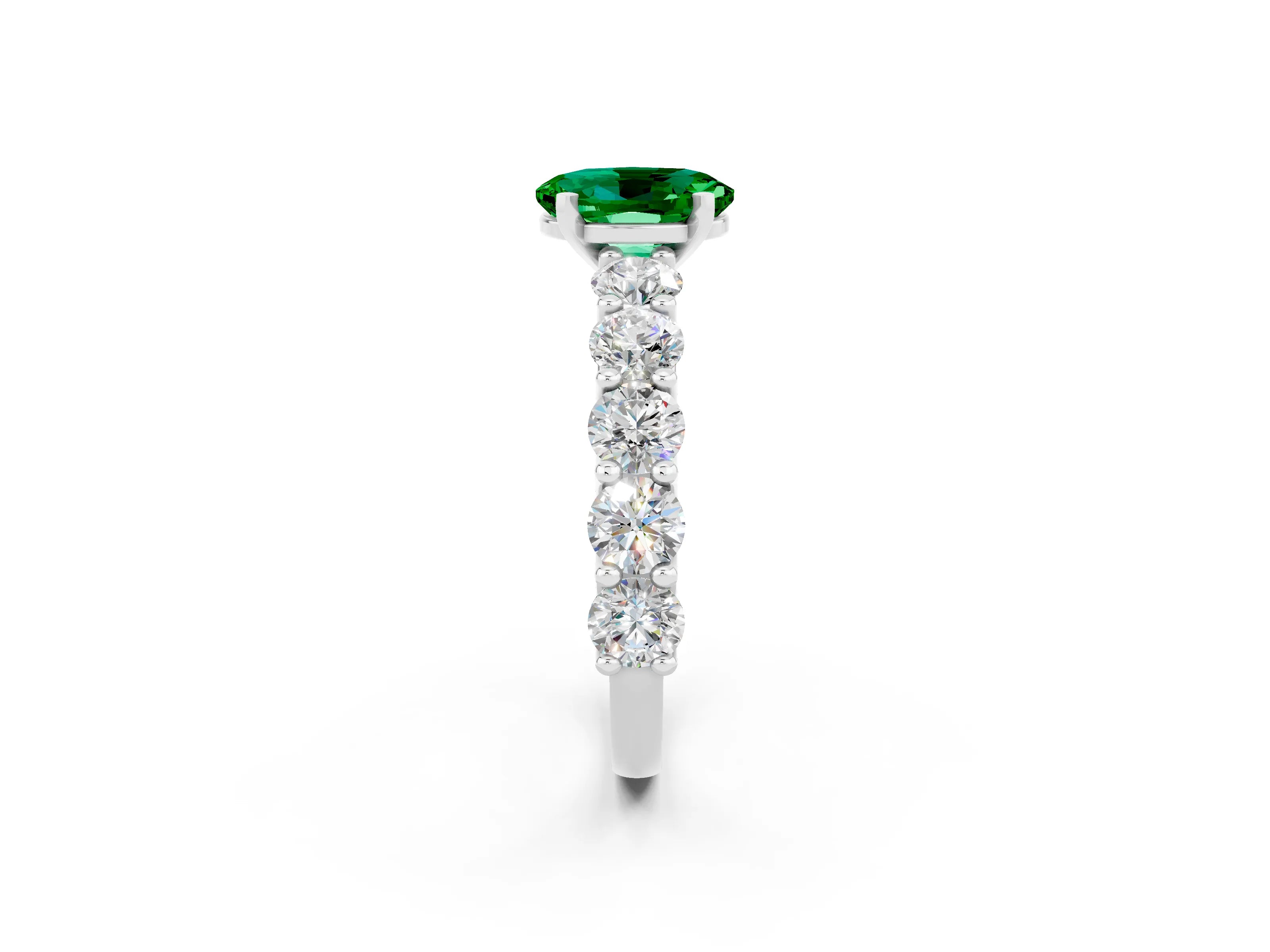 White gold Oval Cut Emerald Prong Setting with Side Stones on a Pave Band_2