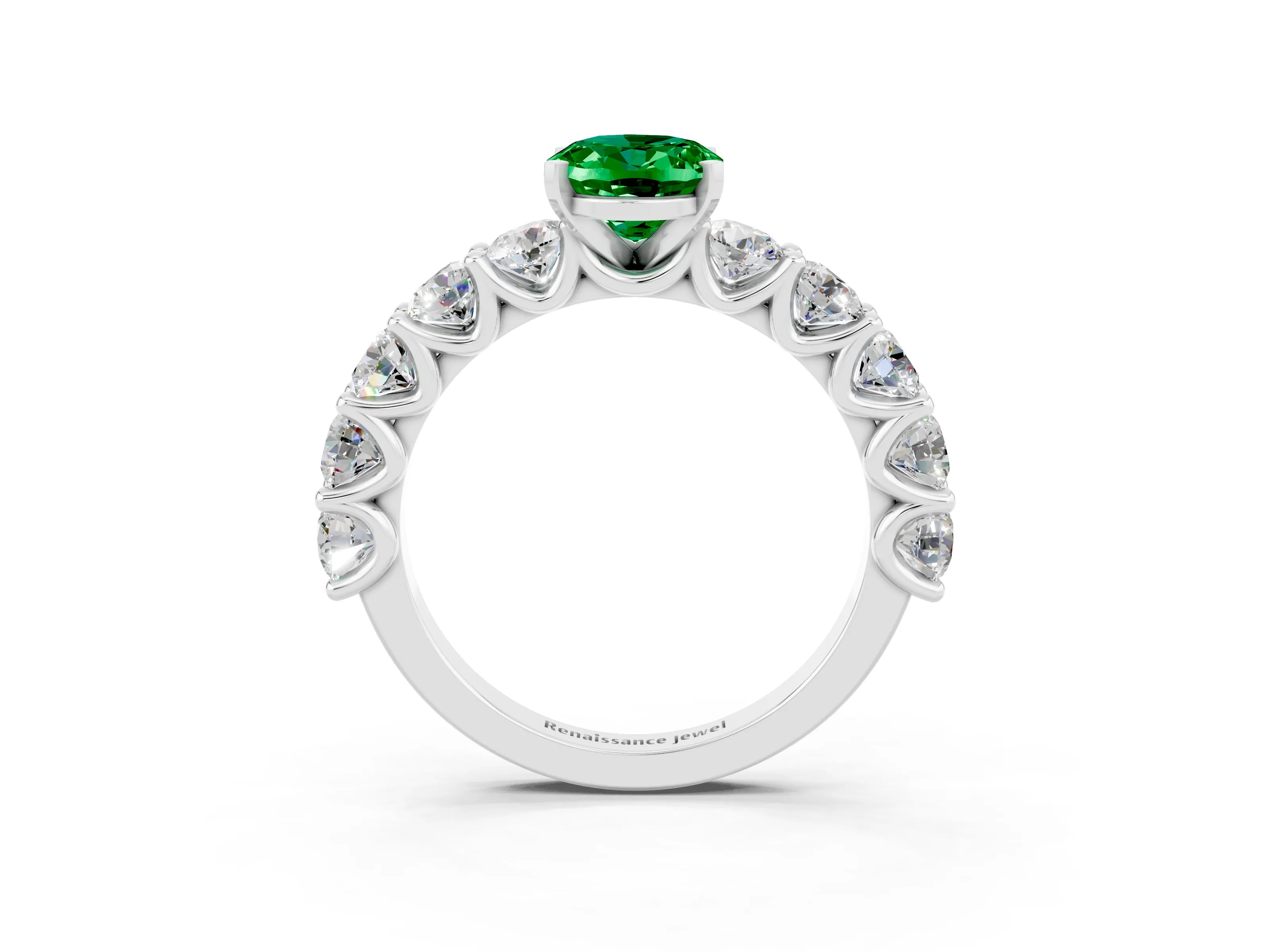 White gold Oval Cut Emerald Prong Setting with Side Stones on a Pave Band_3