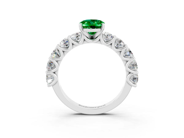 White gold Oval Cut Emerald Prong Setting with Side Stones on a Pave Band