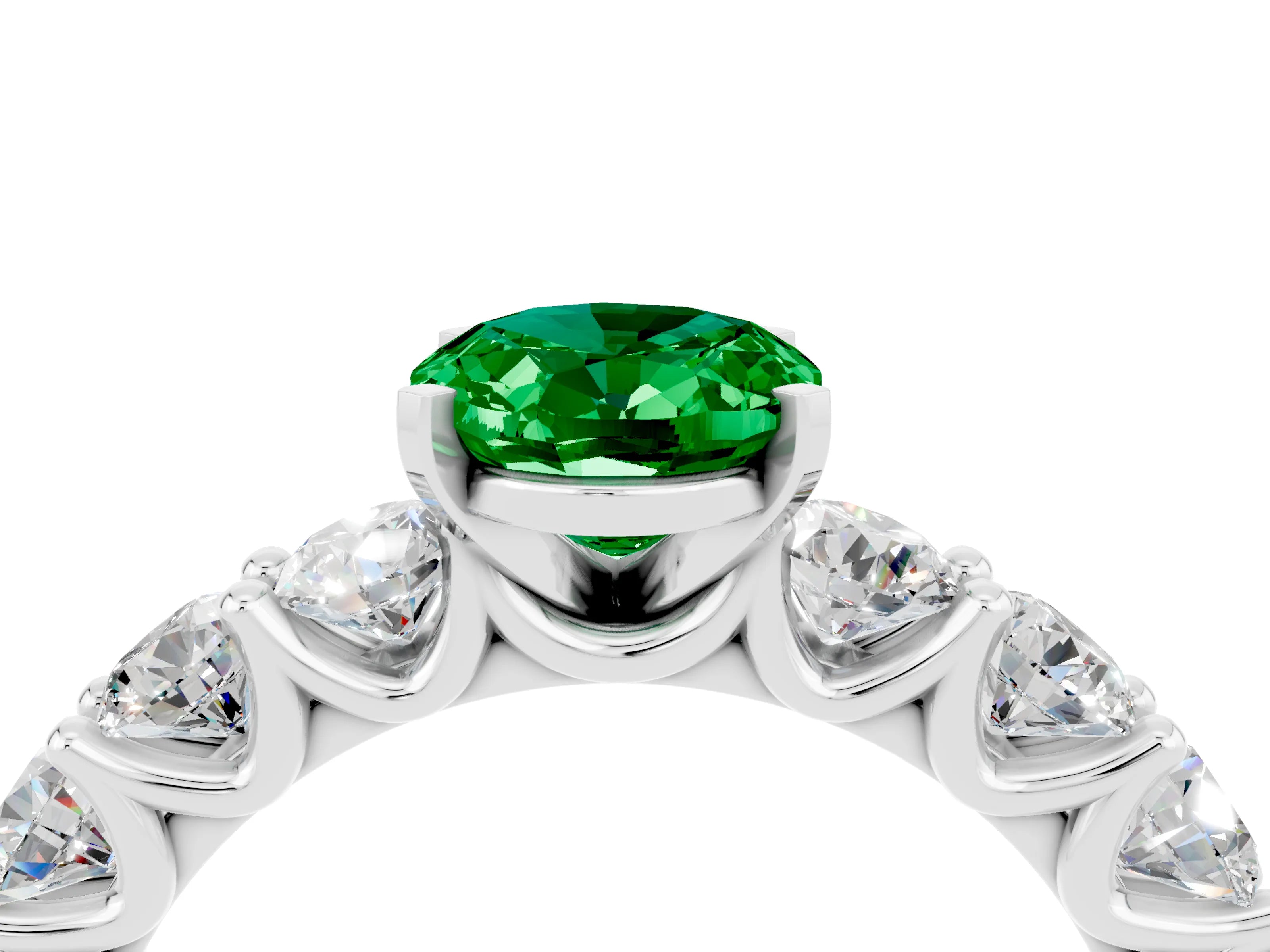 White gold Oval Cut Emerald Prong Setting with Side Stones on a Pave Band_4