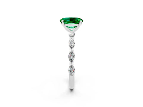 White gold Oval Cut Emerald Ring with Marquise Side Stones and Prong Setting_2