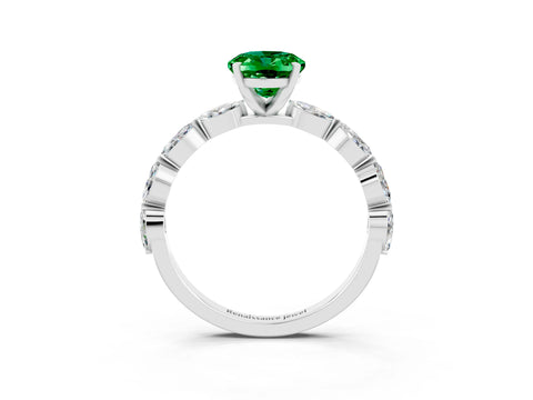 White gold Oval Cut Emerald Ring with Marquise Side Stones and Prong Setting_3